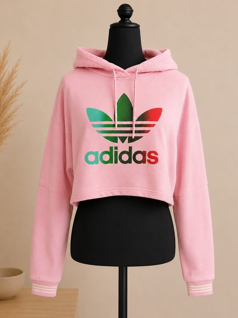 Adidas Pink Cropped Hoodie with Gradient Trefoil Logo